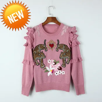 

Winter Autumn Animal Embroidery Knitted Sweaters Pullovers Women Runway Design Ruffle Elegant Top Clothes Lady Jumper C-193