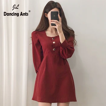 

Woman A-line Dress Square Collar Long Sleeve High Waist Slim Dresses Elegant Chic Above Knee Solid Dress With Button