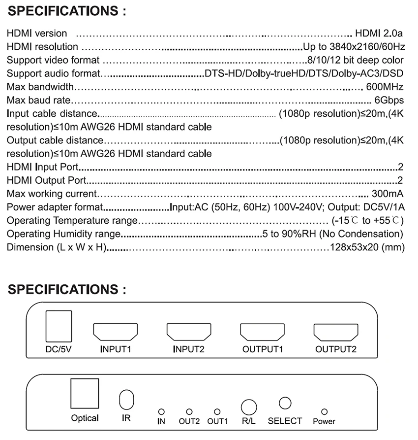 2x2 HDMI 2,0 переключатель сплиттер 4K@ 60Hz YUV 4:4:4 оптический SPDIF+ 3,5 мм разъем аудио экстрактор с ИК-пультом дистанционного управления