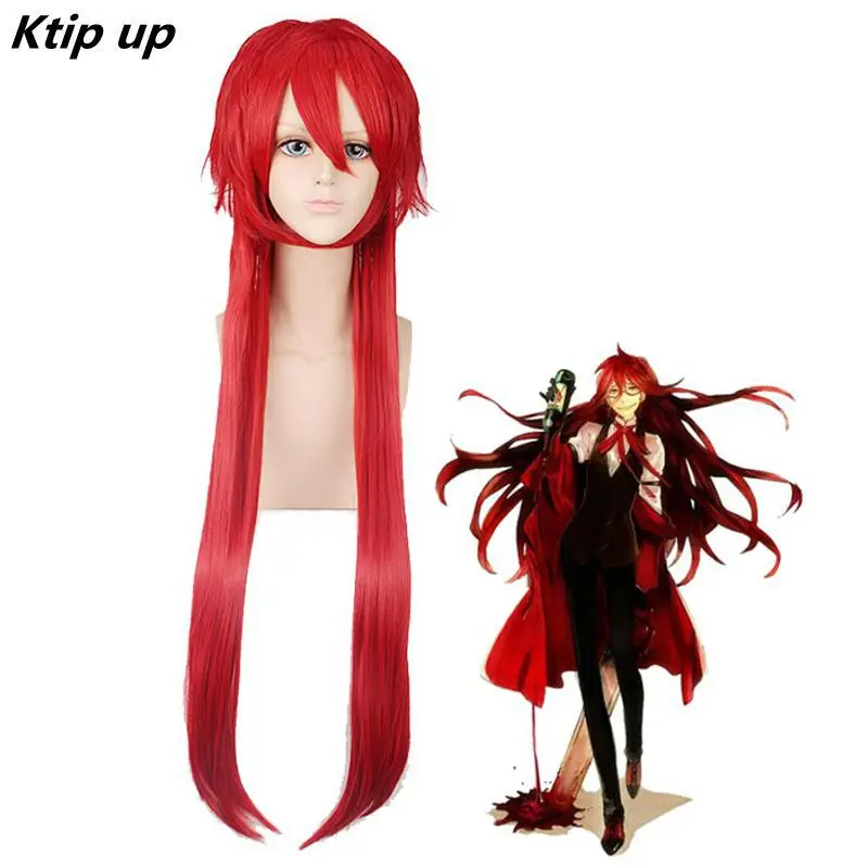 

Ktip Up Kuroshitsuji Black Butler Grell Sutcliff Red Long Straight Heat Resistant Hair Cosplay Costume Wig