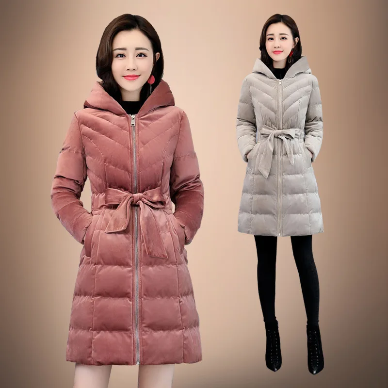 

China Gedi Love Gold Velvet Cotton-padded Clothes Women's Mid-length 2018 Winter New Style Slim Fit Hooded down Jacket Cotton-pa