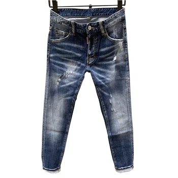 

jeans dsq four seasons men's hole painting personality Street leisure slim blue elastic straight leg pants men