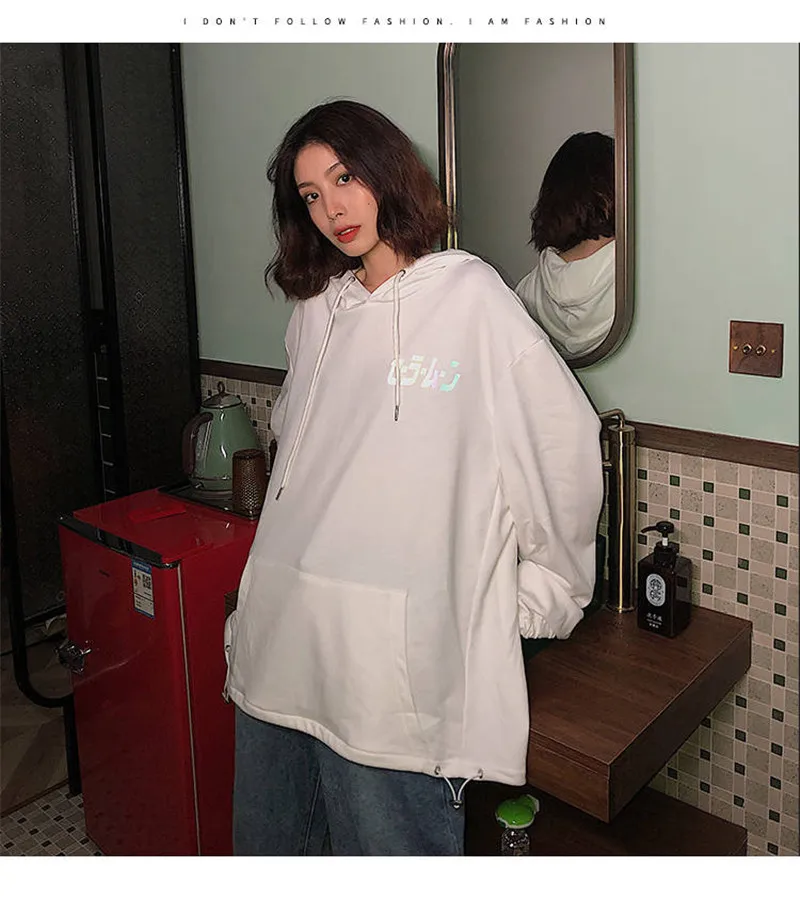 Harajuku японский мультфильм Светоотражающие печати толстовки для женщин панк Негабаритных Толстовки с капюшоном крутой пуловер уличная Толстовка для девочек