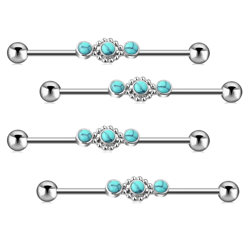 Junlowpy Wholesales Blue Stone 38mm Indudstrial Earrings Barbell Stainless Steel Industrial