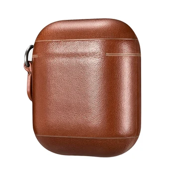 

IG-Genuine Leather Case Cover for Apple Airpods 1&2 Portable Protective with Strap Keychain Wireless Charging (Brown)