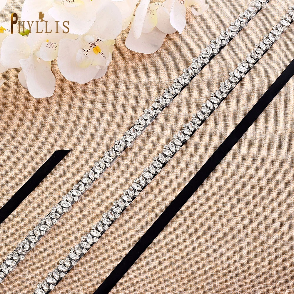 S06 Silver Rhinestone Wedding Sash Thin Bridal Belts Bling Tie Belts for Women Evening Gown Maternity Belt for Dress Waist Belts