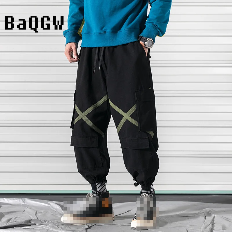

Multi-Pocket Design Men's Loose Ribbon Patchwork Hip Hop Cargo Pants Harajuku Hip Hop Clothing for Men Streetwear Casual Joggers