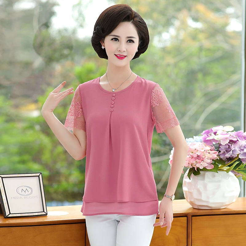 

Summer Women Blouses Red Pink Green Plain Colour Lace Short Sleeve Patchwork Round Collar Tops Middle Age Woman Casual Blouse