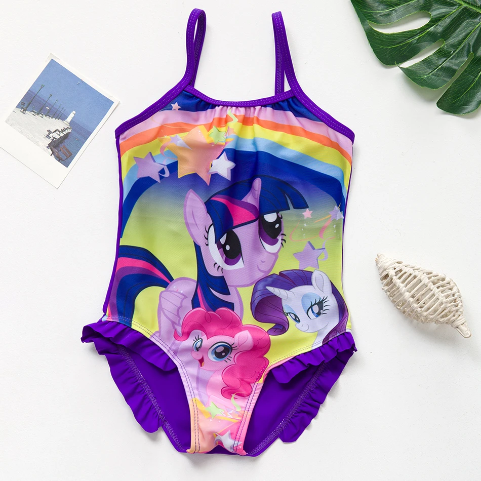Слитный купальный костюм для девочек, фиолетовый купальный костюм с пони для детей, одежда для плавания, стильная пляжная одежда с оборками для девочек 2-9 лет, 9026