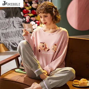 

JRMISSLI Spring Plus Size Pajama Sets Long Sleeve Cotton Pajamas Loose Sleepwear O-neck Pyjamas Women Nightwear Set
