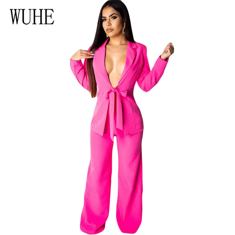 

WUHE Womens Business Suits Elegant Lace-up Two Pieces Sets Blazers Top and Wide Leg Pants Fashion Casual Professional Jumpsuits