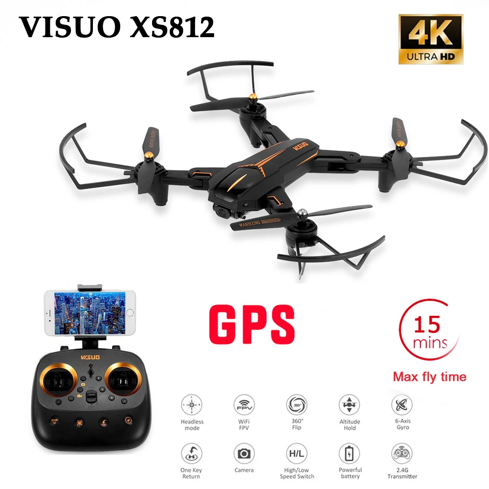 Minutos de Tempo de Vôo Fpv com Câmera Visuo Wifi 4 k Fhd 15 Dobrável rc Drone Quadcopter Rtf Crianças Presente Nascimento Xs812 Gps 5g
