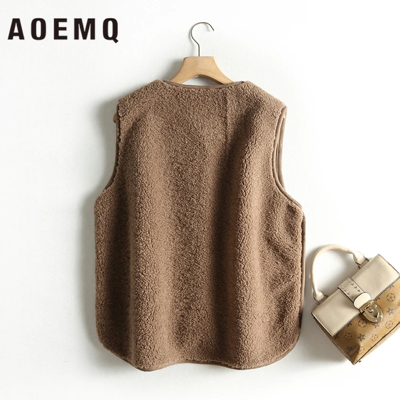 AOEMQ/модные жилеты без рукавов из овечьей шерсти; 2 цвета; Верхняя одежда; Vestes; мягкая теплая зимняя одежда; однобортные жилеты на пуговицах; одежда