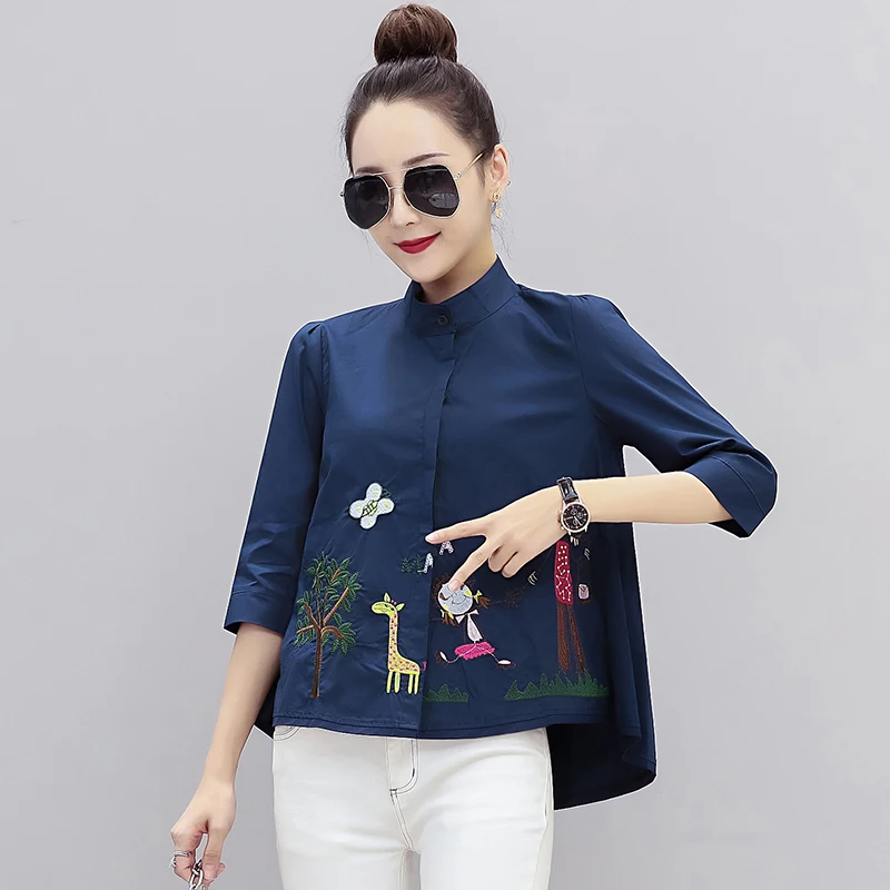 Ladies top Korean spring chiffon shirt wild stand collar seven-point sleeve embroidered A-line doll shirt top