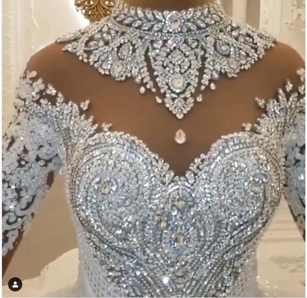 New Luxury Dubai Crystal Rhinestone Wedding Dresses Lace Appliques Full Sleeves Puffy Ball Gowns 3D Flower Bridal Dress 2022 summer wedding guest dress