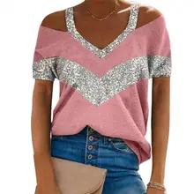 

80%HOT Summer Women T-shirt V Neck Sequins Patchwork Short Sleeve Cold Shoulder Loose Blouse Top for Daily Wear