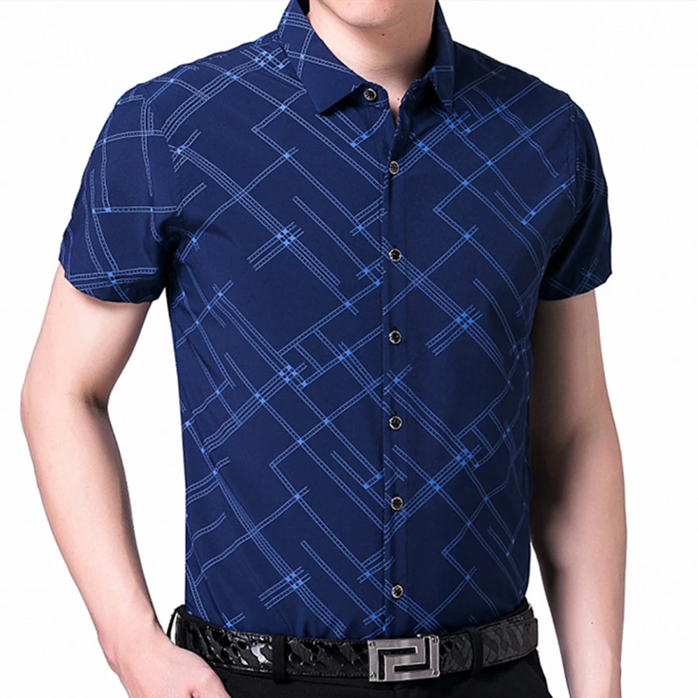 New Summer Short Sleeve Shirt Men Casual Plaid Shirts Camisa Masculina Dark Color Men Clothes Slim Fit Camisa Social MCS131 - Image 3