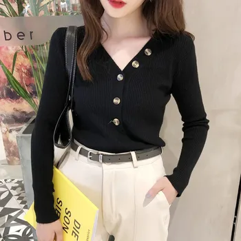 

Women New Fashion Button V-neck Sweater Spring Autumn Solid Knitted Pullover Slim Soft Jumper Sweater Female Knitted Tops