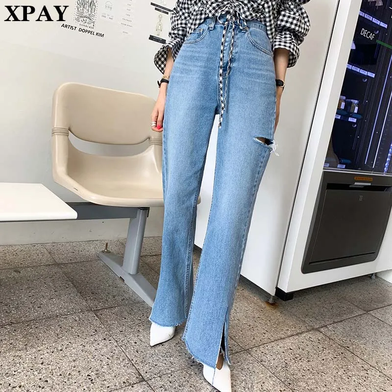 

2020 Spring Summer New High Waist Jeans Pants Women Vintage Split Ripped Straight Trousers Femme Streetwear Wide Leg Denim Pants
