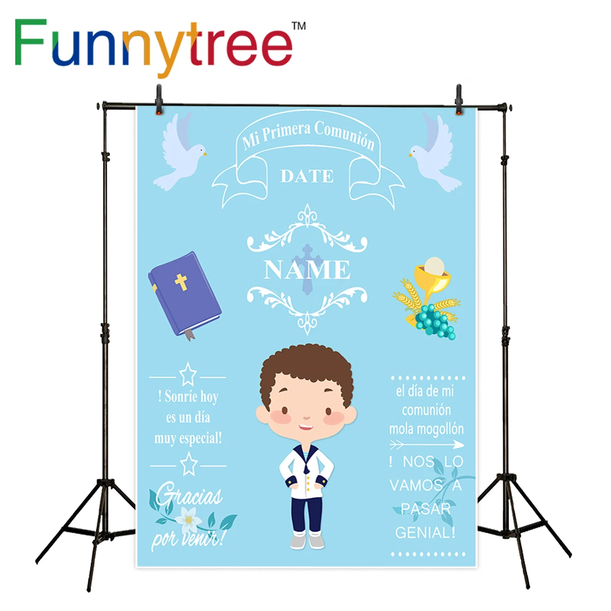 Фон Funnytree для фотостудии синий маленький мальчик Мой первый Святой Причастие