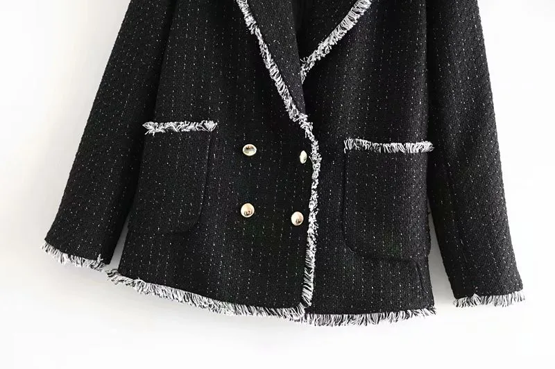 Модные двубортные клетчатые блейзеры для женщин с кисточками, элегантный костюм с зубчатой горловиной, шикарный черный пиджак для женщин, Chaqueta Mujer