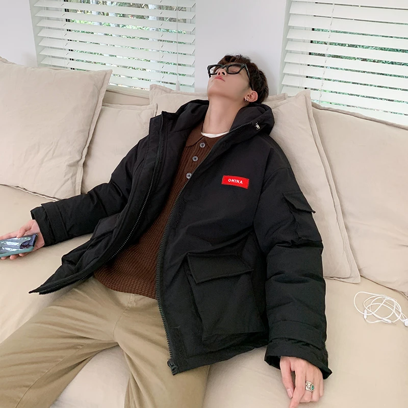 

K2019 Winter New Trend Casual Matching Fashion, Velvet And Thickening Tooling Printed Cap Men's Padded Coat Clothes Homme