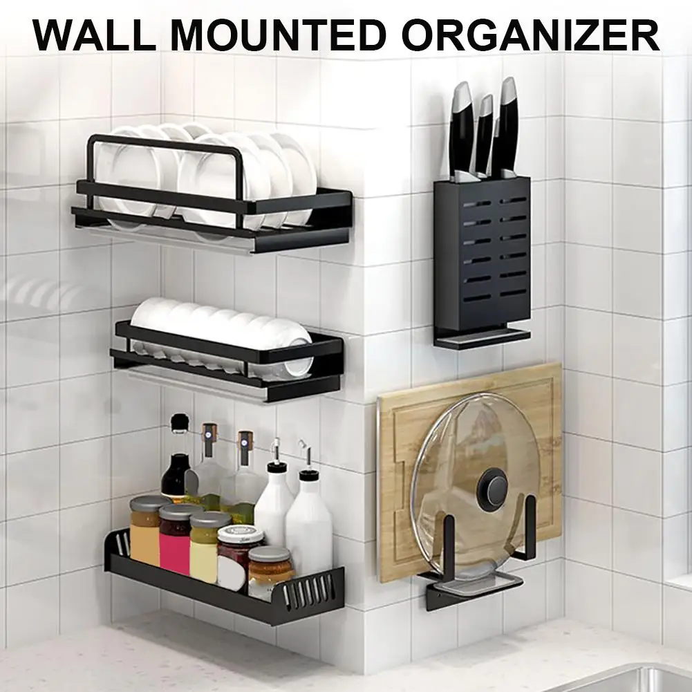 

Punch-free Black Shelf Kitchen Cutter Holder Dish Drying Rack Fruit Vegetable Wall Mounted Organizer