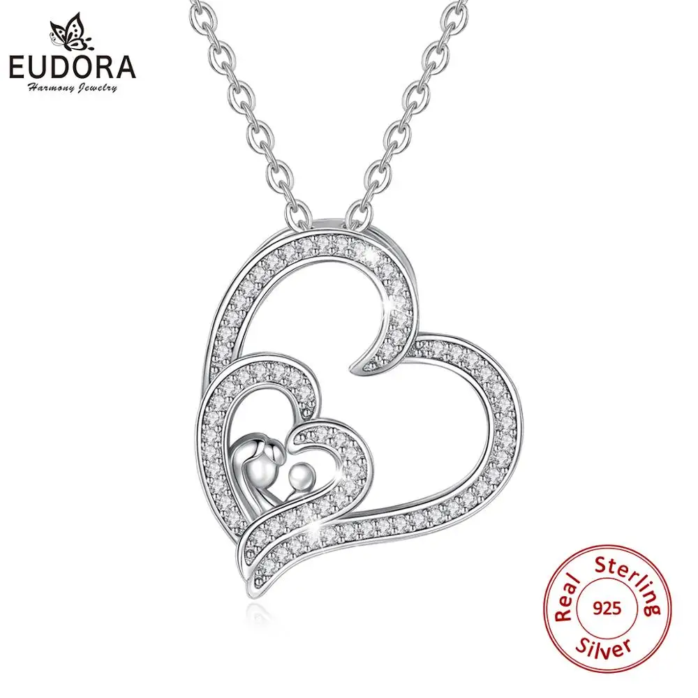 Eudora 100% Настоящее серебро 925 пробы кристалл AAA CZ сердце к сердцу кулон мать и