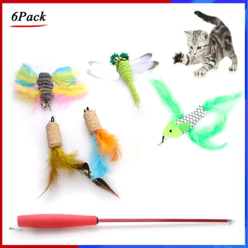 

6Pcs/Set Teaser Cat Catcher Retractable Fishing Pole Wand Rod Feather Toy,5 Replacements, Great for Kitten Dog Exercising