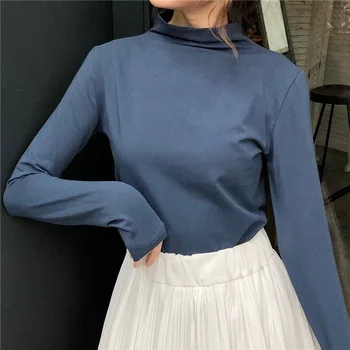 

2020 new solid color long-sleeved slim high-neck pure cotton T-shirt bottoming shirt women gray