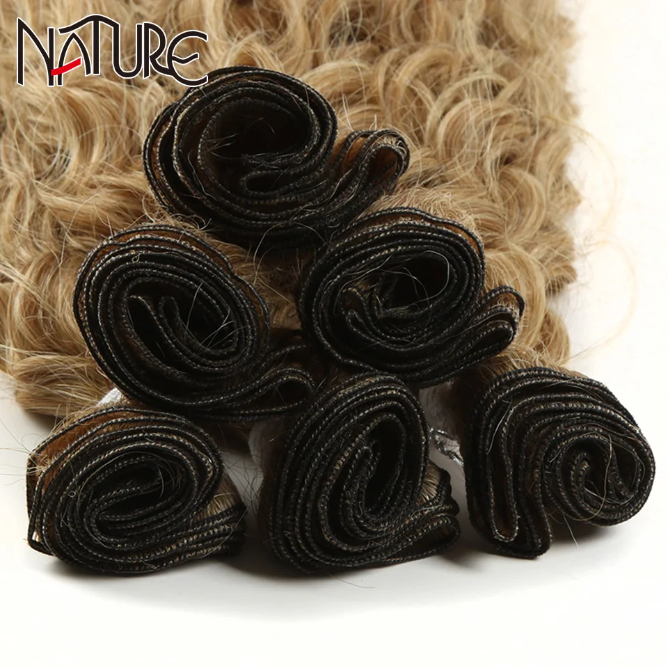 Nature Hair Afro Kinky Curly Hair Bundles Extensions With Closure Ombre Golden 30inch Soft Super Long Hair Synthetic Wave Hair