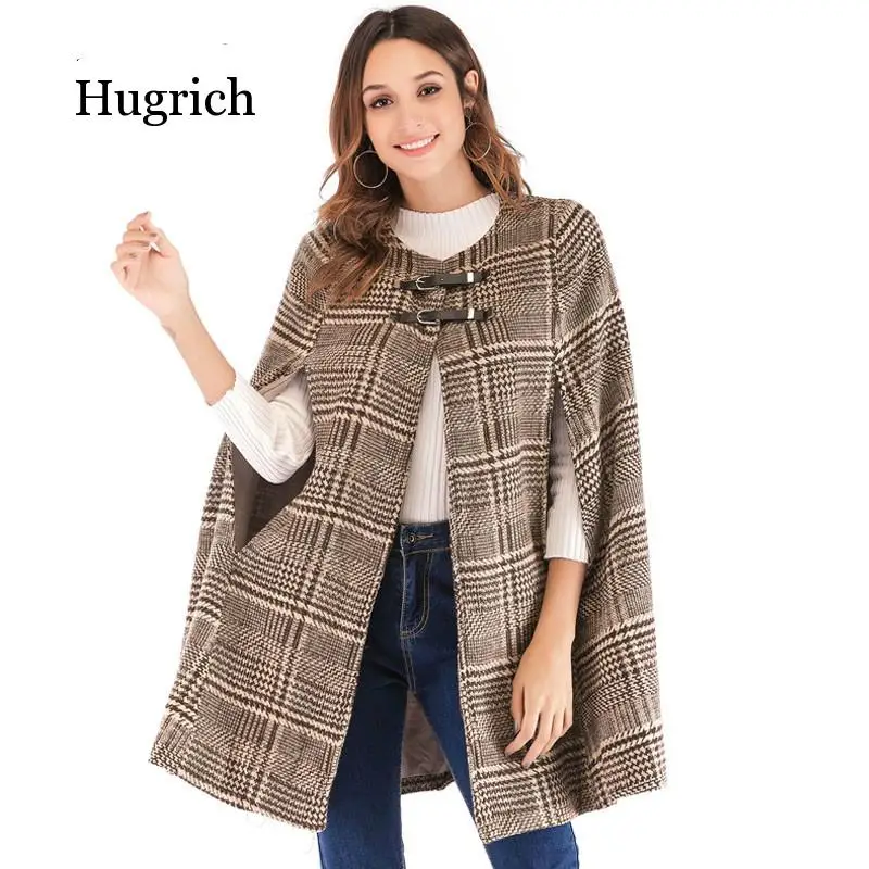 

Women's Leather Buckle Cloak Sleeve Plaid Tweed Cape Coat Autumn Winter Elegant Ol Workwear Women Outerwear Coats