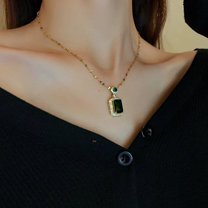 Crystal Square Green Zircon Stone Pendant Necklaces For Women 2021 Fashion Wedding Jewelry Gifts Gold Color Necklace | Украшения и