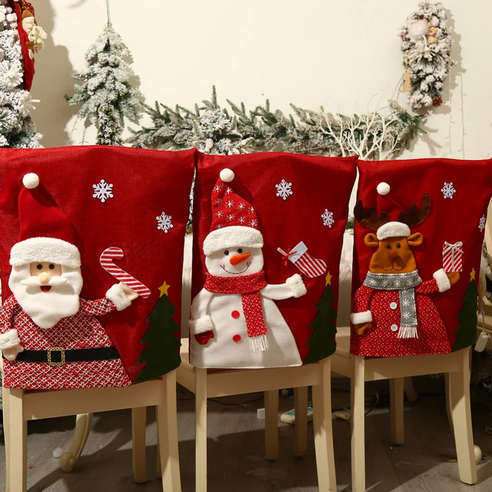 6 pcs Tuzech Santa Claus Cap Chair Cover Set of 6 PCS Snowman Red Hat Chair Back Covers Non Woven Chair Back Cover Sets Christmas Dinner Decorations