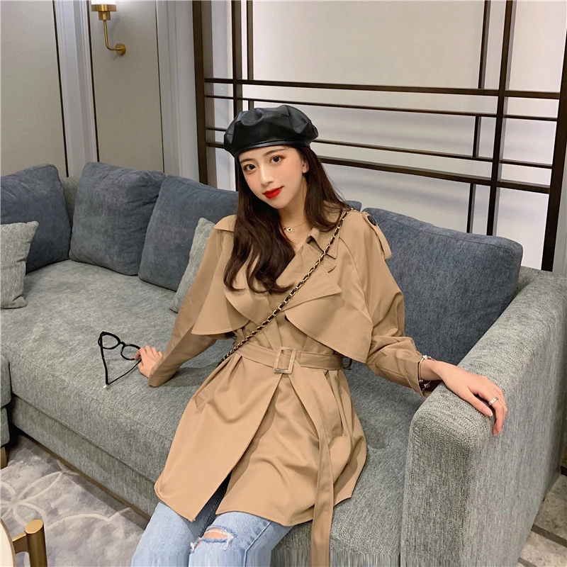 Photo Shoot Net Price Short-height Online Celebrity Trench Coat Short Coat Female Line Belt Slimming Loose-Fit Long Sleeve Jacke