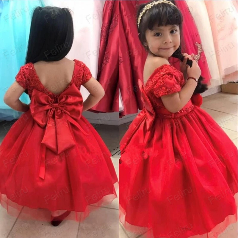 shuiyin64Red Wedding Flower Girls' Dresses Tutu 2020 Toddler Little Girls Pageant Communion Dress Big Bow Tulle Short Sleeve Cheap Custom Made