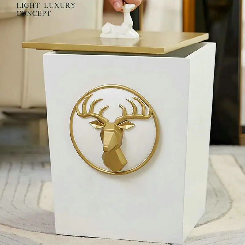 Light Luxury Home Decoration Artistic White Resin Deer Head Trash Can With Lid Waste Bin