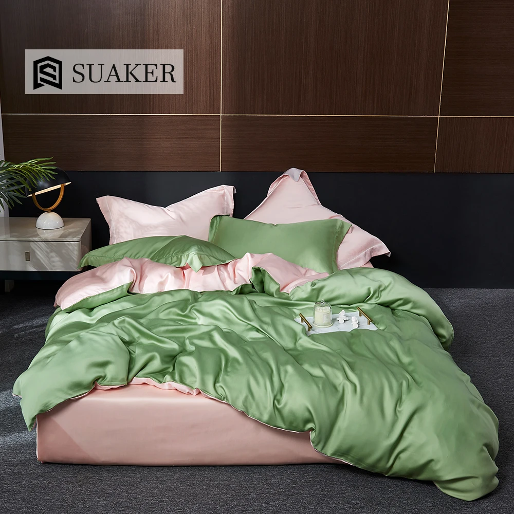 

Suaker Luxury 100% Silk Bedding Set Green Pink Silk Quilt Cover Queen King Flat Sheet Fitted Sheet Pillowcase For Beauty Sleep
