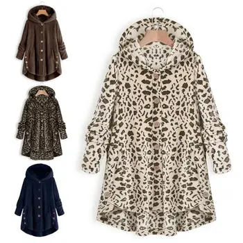 

Fashion Winter Women Solid Color Leopard Warm Plush Button Irregular Hooded Coat Outwear
