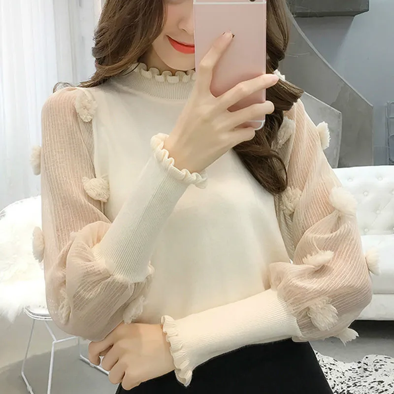 apricot pullovers Woherb Pull Femme, водолазка с длинным рукавом-фонариком, женский свитер в стиле пэчворк, прозрачные пуловеры с 3d цветами, корейский стиль, новинка 91223 - Цвет: apricot pullovers