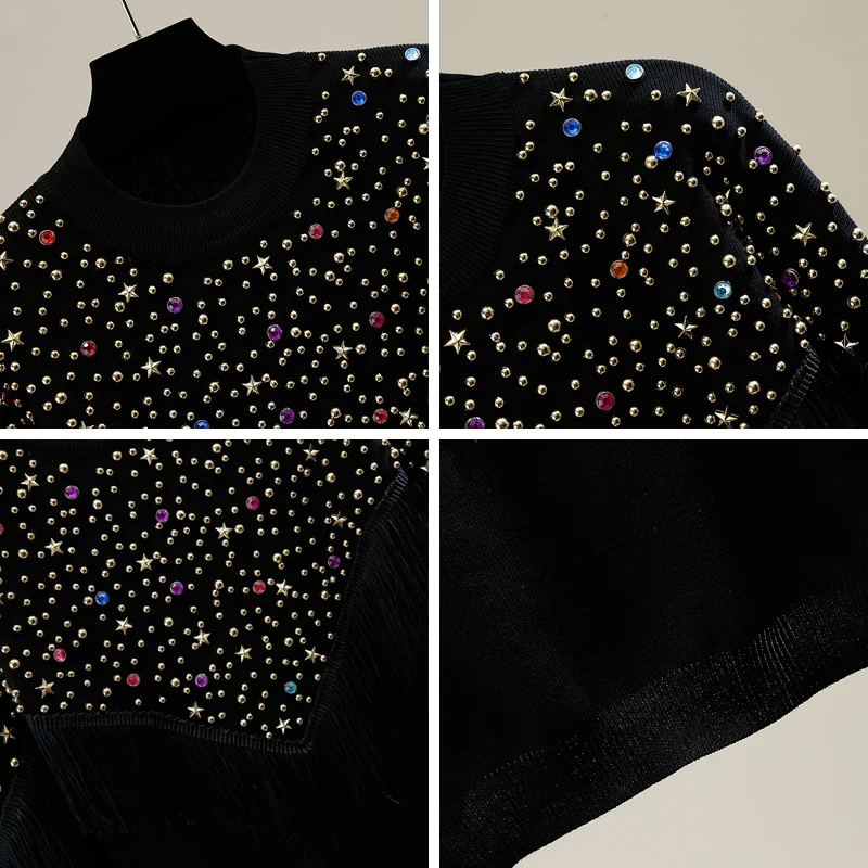 Beaded Diamond Irregular Tassel Pullover Knitting