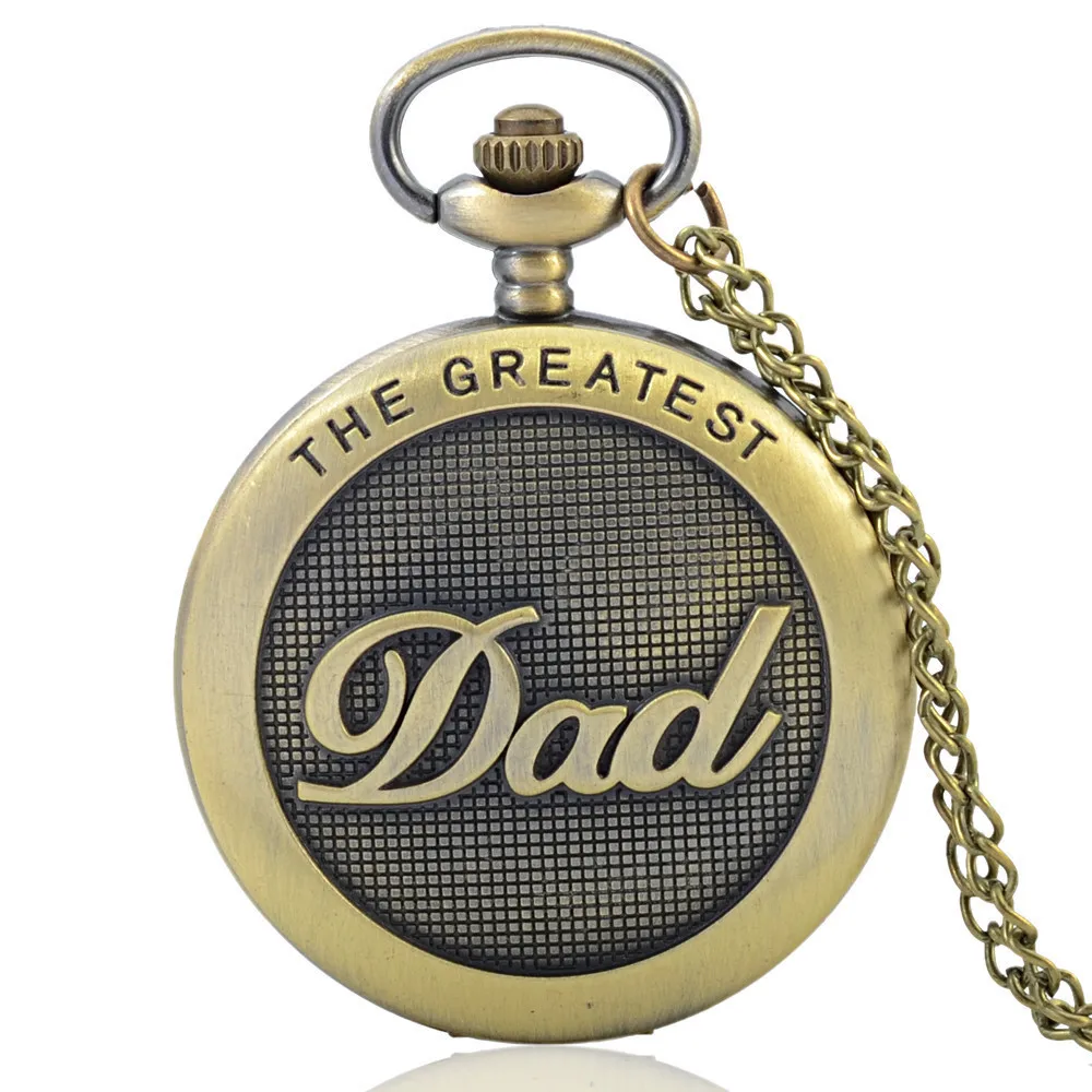 

IBEINA Bronze The Greatest Dad Theme Full Hunter Quartz Engraved Fob Retro Pendant Pocket Watch Chain Gift