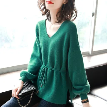

V-neck sweater women's pullover loose mink cashmere women's sweater 2019 fashion knitwear