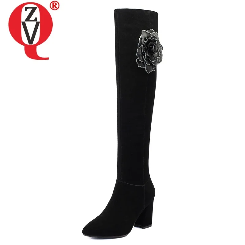 

ZVQ winter new fashion cow suede over knee boots outside high heels zip flowers pointed toe women shoes drop shipping size 33-43