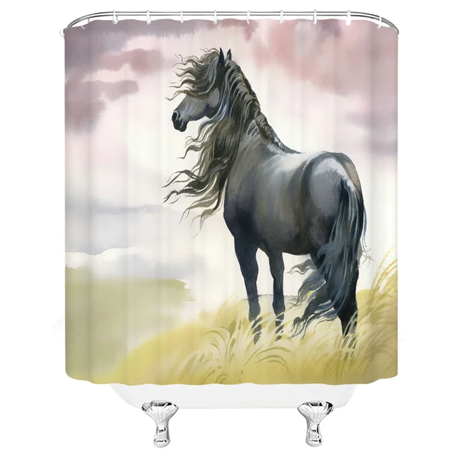 Black White Horse Shower Curtains Strong Animal Running on the Snow Bathroom Decor Home Bathtub Waterproof Polyester Curtain Set G7636