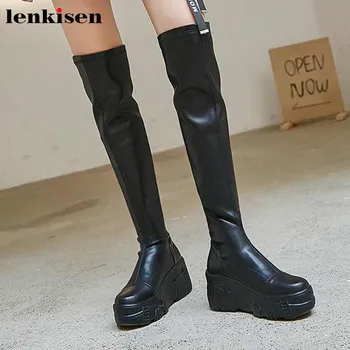 

Lenkisen hot thick bottom cow leather stretch boots metal fasteners round toe high heels women keep warm thigh high boots L85