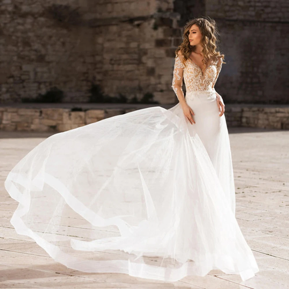 

2020 New Design Boho Mermaid Wedding Dress Elegant Lace Appliques Bridal Gown Custom Made Wedding Dress