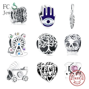 

925 Sterling Silver Charms Fit Original Charms Bracelets Silver 925 Hand Feather MOM Heart Women Charm Jewelry Berloque