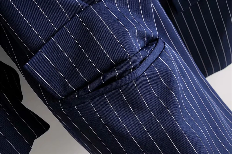 Bazaleas Повседневный винтажный шикарный женский костюм с карманами Женский Осенний синий полосатый принт базовый Тонкий Блейзер Женское пальто Женская мода Прямая поставка