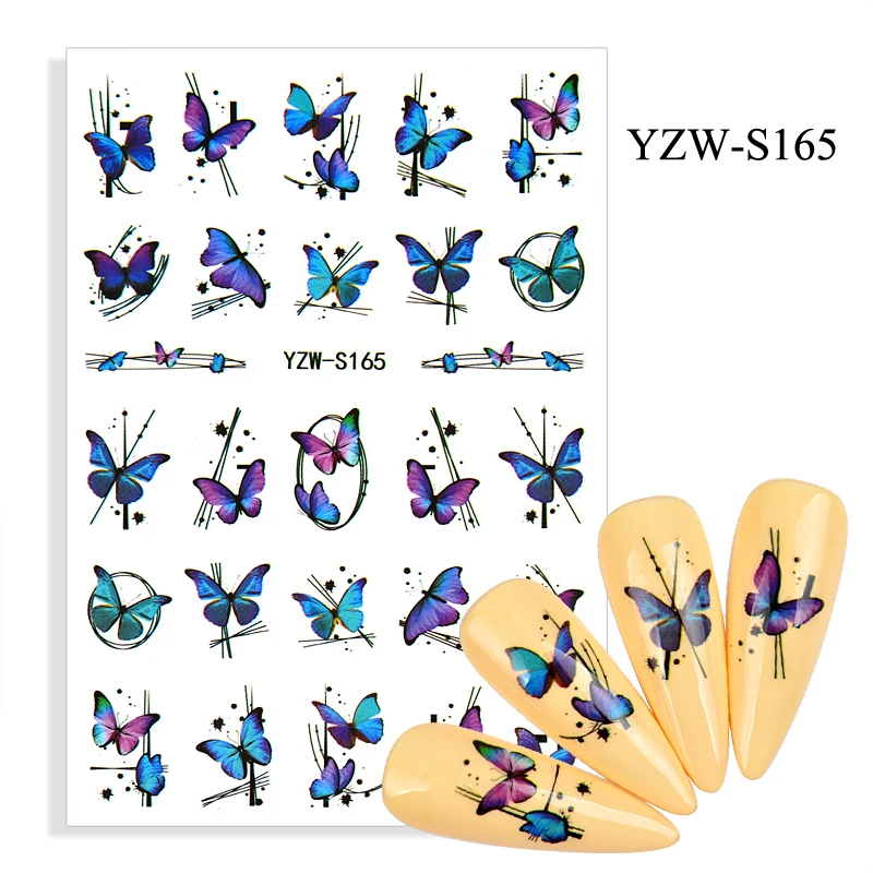 

3D Nail Butterfly Stickers Watercolor Decals Blue Flowers Sliders Wraps Manicure Summer Nail Art Decorations